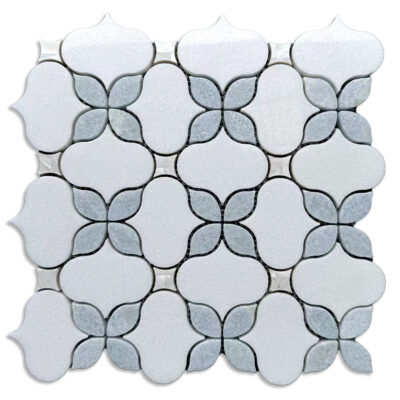 SC-02 waterjet mosaic, Thassos, Blue Celeste, Mother of Pearl