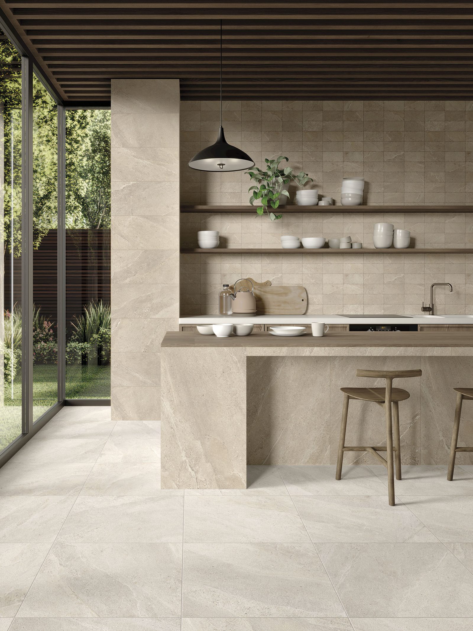 Kitchen with Slate-Mix Sand porcelain floor and wall tiles